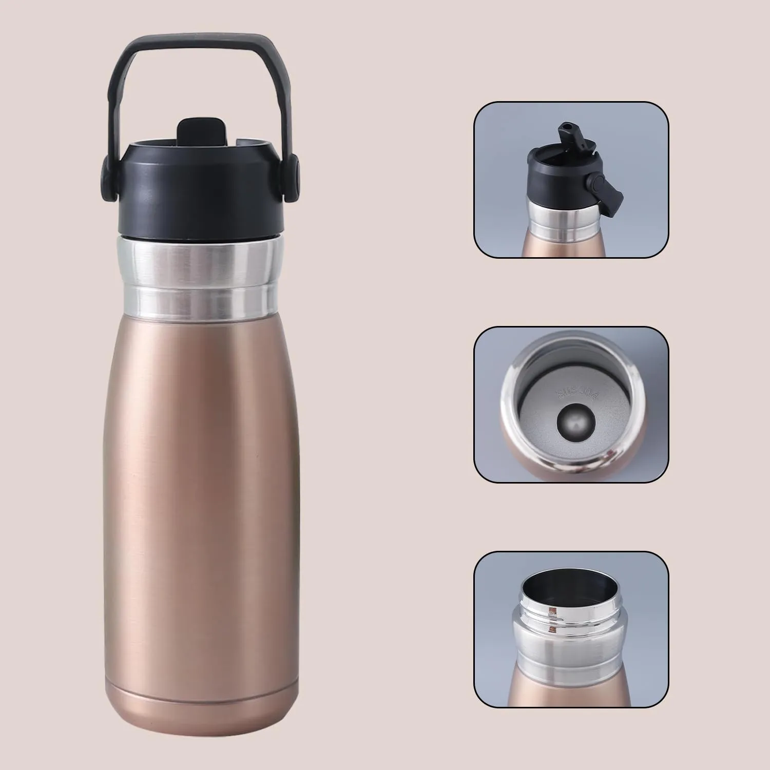 Kuber Industries Pack of 6 Vacuum Insulated Water Bottle | Stainless Steel Sipper Bottle with Handle | Hot & Cold Water Bottle | Leakproof, BPA Free, Rustproof | 780 ML | Gold