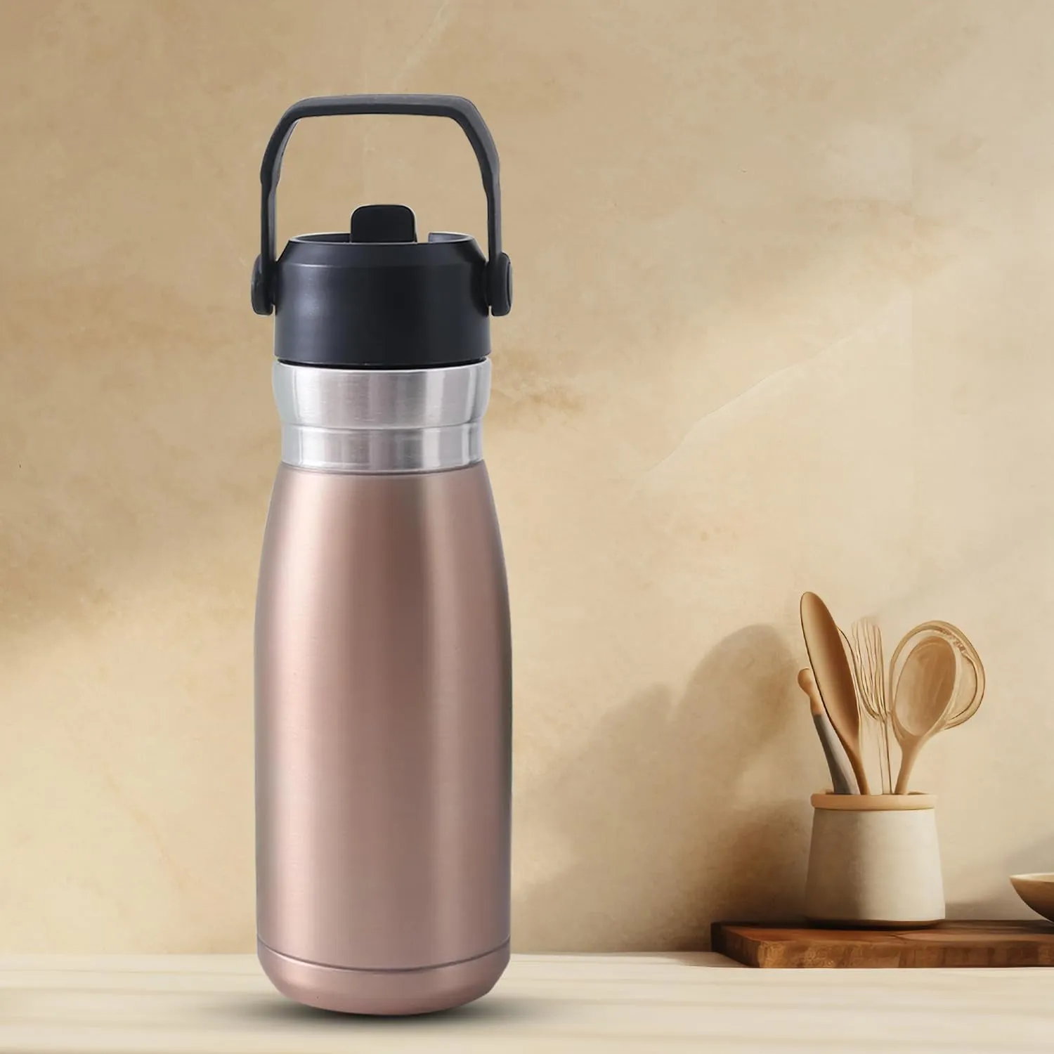 Kuber Industries Pack of 6 Vacuum Insulated Water Bottle | Stainless Steel Sipper Bottle with Handle | Hot & Cold Water Bottle | Leakproof, BPA Free, Rustproof | 780 ML | Gold