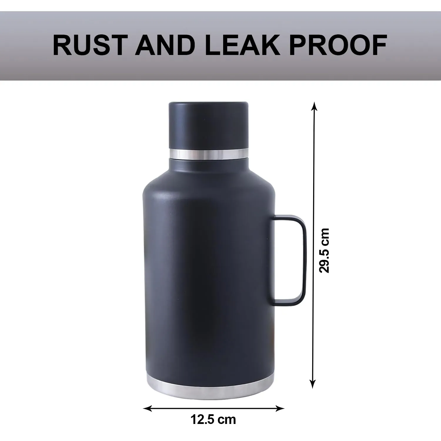 Kuber Industries Pack of 6 Vacuum Insulated Water Bottle | Stainless Steel Water Bottle with Handle | Hot & Cold Water Bottle | Leakproof, BPA Free, Rustproof | 2000 ML | Black
