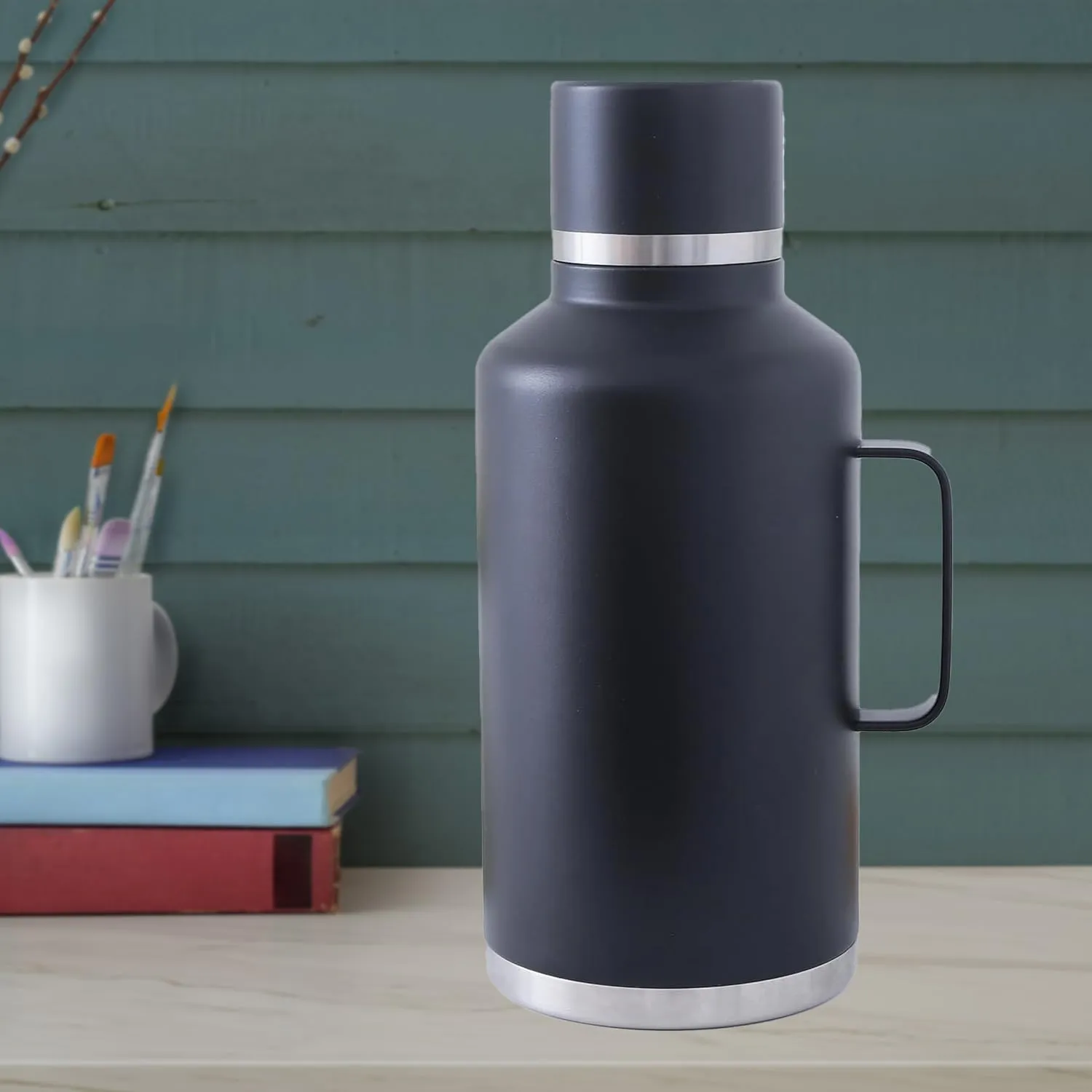 Kuber Industries Pack of 6 Vacuum Insulated Water Bottle | Stainless Steel Water Bottle with Handle | Hot & Cold Water Bottle | Leakproof, BPA Free, Rustproof | 2000 ML | Black