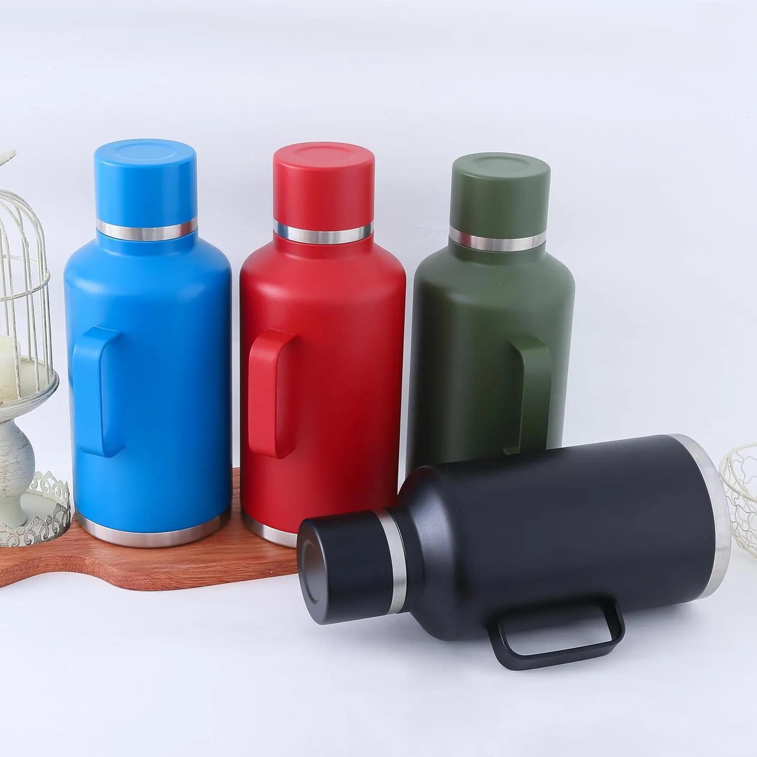 Kuber Industries Pack of 6 Vacuum Insulated Water Bottle | Stainless Steel Water Bottle with Handle | Hot & Cold Water Bottle | Leakproof, BPA Free, Rustproof | 2000 ML | Black