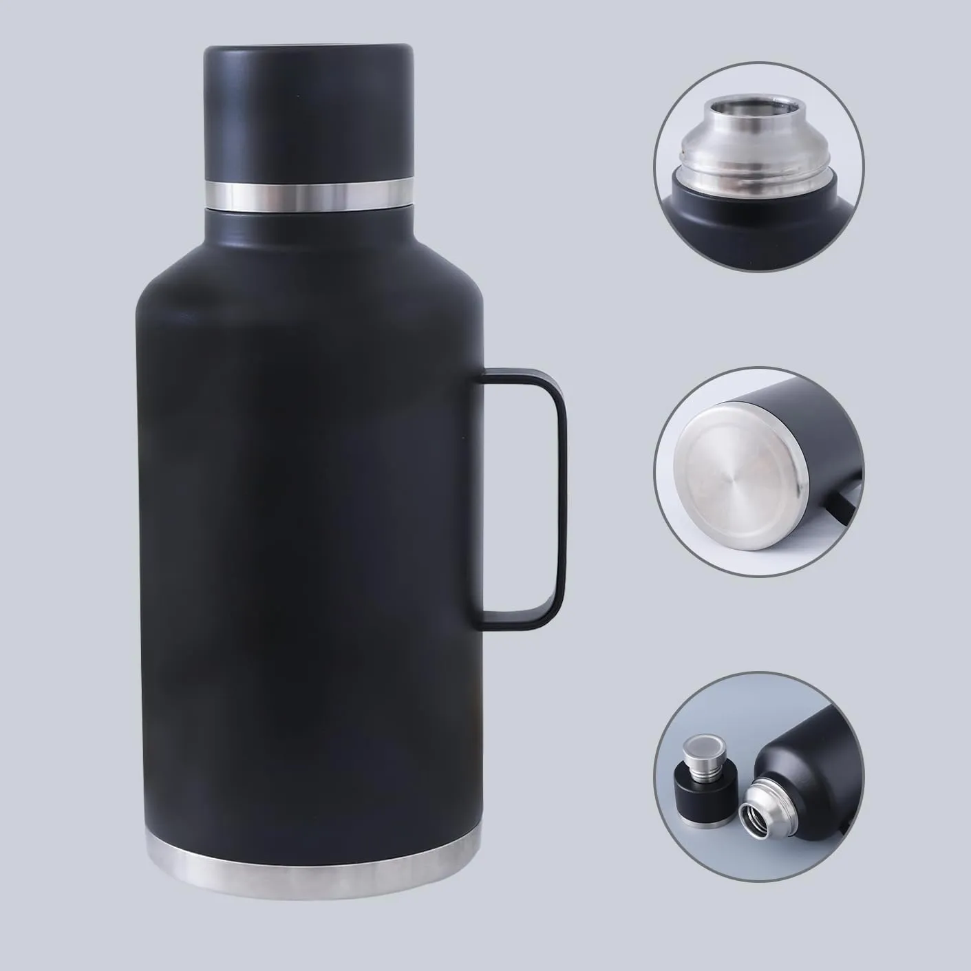 Kuber Industries Pack of 6 Vacuum Insulated Water Bottle | Stainless Steel Water Bottle with Handle | Hot & Cold Water Bottle | Leakproof, BPA Free, Rustproof | 2000 ML | Black