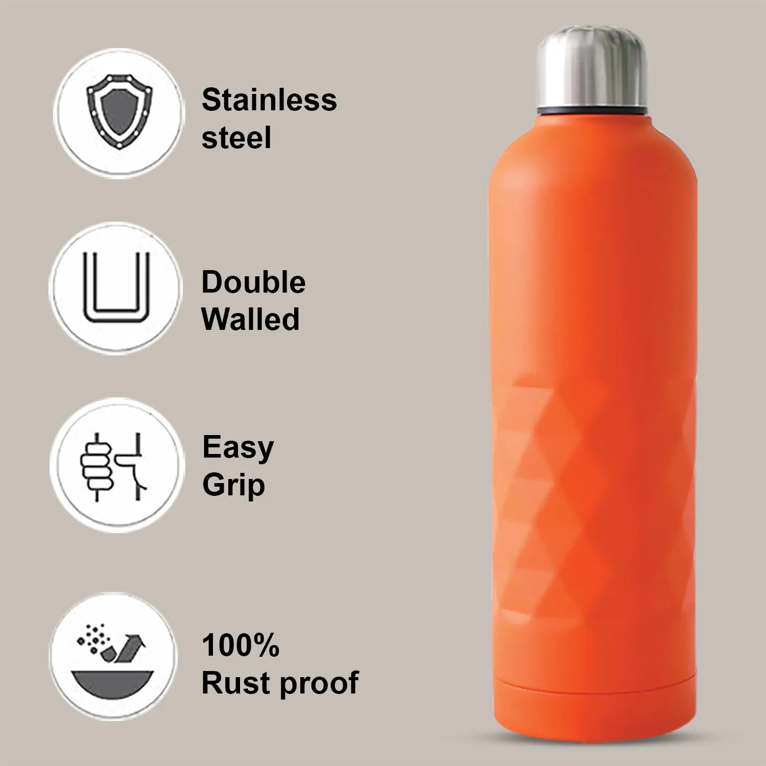 Kuber Industries Vacuum Insulated Water Bottle | Stainless Steel Water Bottle | Hot & Cold Water Bottle | Leakproof, BPA Free, Rustproof | 750 ML | Orange