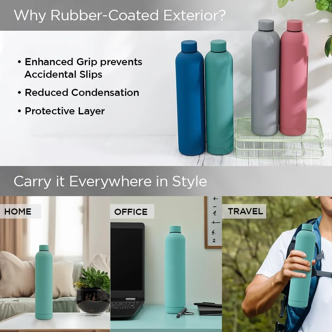 Kuber Industries Water Bottle | Vacuum Insulated Travel Bottle | Hot & Cold Water Bottle | Smooth Rubber Finish Water Bottle | 1 Ltr | PC-23823C | Pink