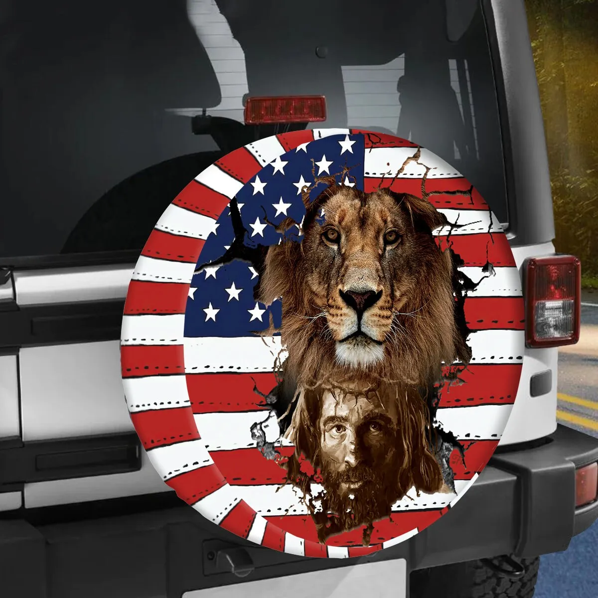 Lion Jesus Spare Tire Cover - American Flag Tire Cover - Christian Tire Cover