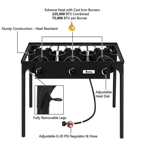 Outdoor Camping Stove Grill: Portable Propane 3-Burner Cooker (225,000 BTU)