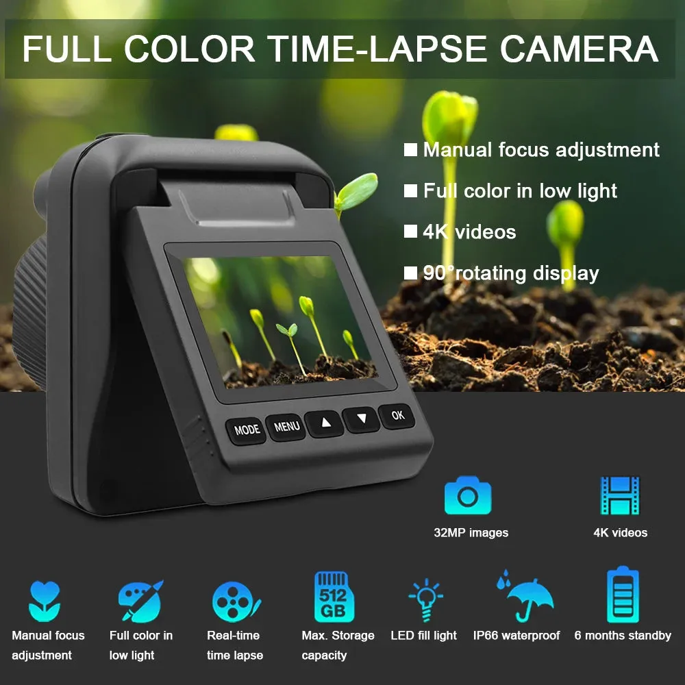 Outdoor Time Lapse Camera 32MP 4K Waterproof Timelapse Camera Recorder with 90 Degree Rotating Screen 6 Months Battery Life