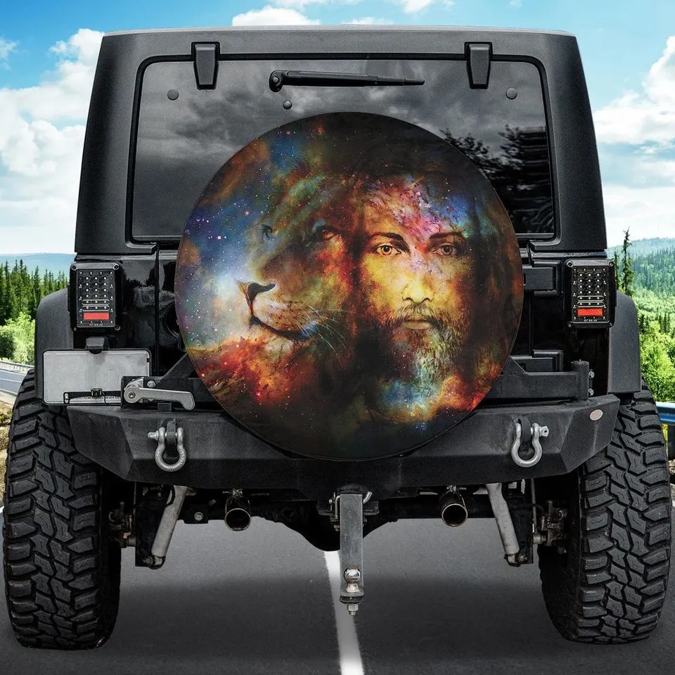Painting Jesus With Lion In Space Tire Cover - Eye Contact Lion Portrait Wrap - Jesus Gift
