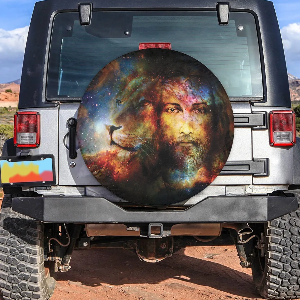 Painting Jesus With Lion In Space Tire Cover - Eye Contact Lion Portrait Wrap - Jesus Gift