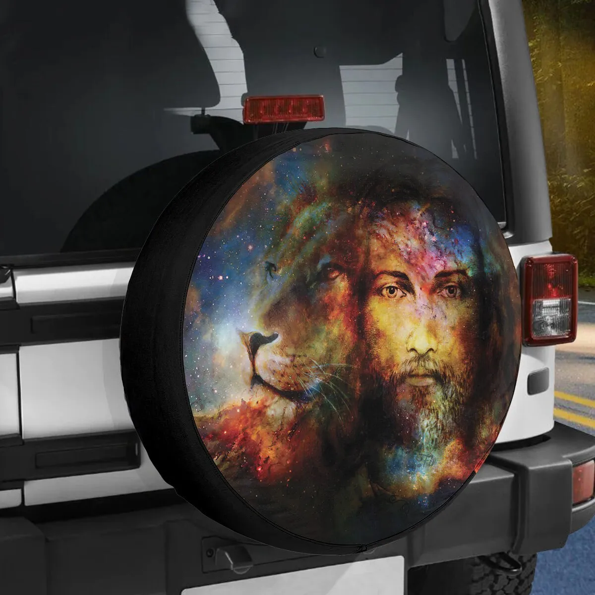 Painting Jesus With Lion In Space Tire Cover - Eye Contact Lion Portrait Wrap - Jesus Gift