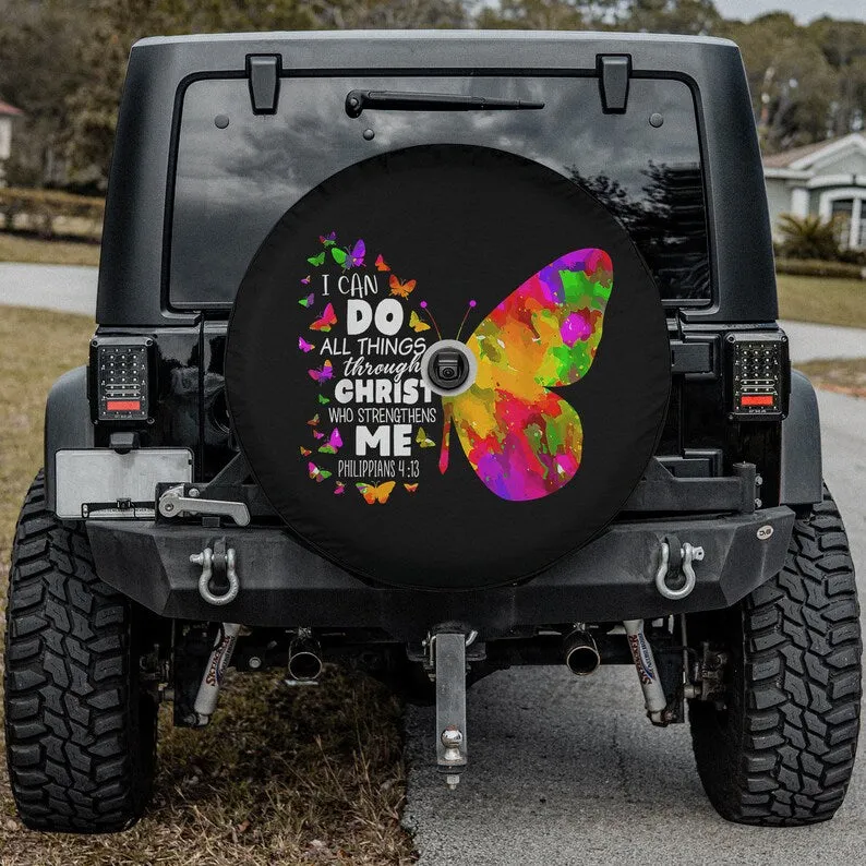Philippians 4-13 Butterfly Christ Bible Verse Gift For Women Spare Tire Cover - Bible Verse Tire Cover
