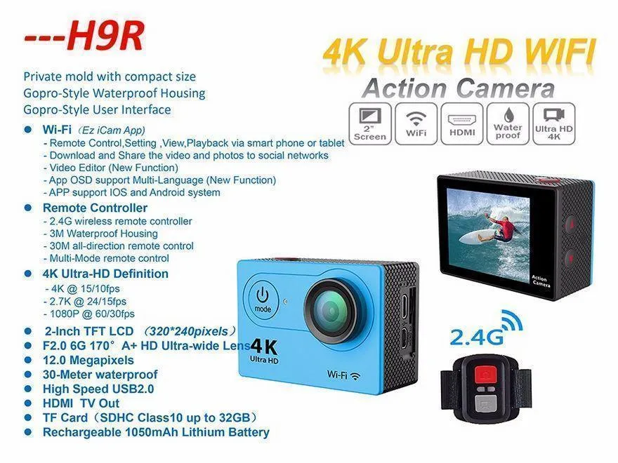 Pro Sports Camera EKEN H9R Ultra HD 4K WiFi HDMI 1080P 2.0 LCD 170D waterproof