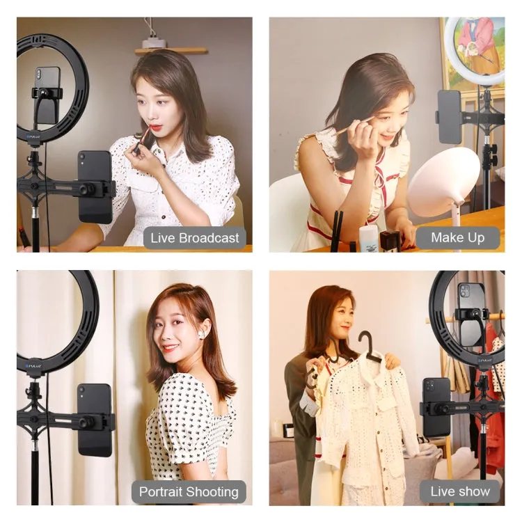 PULUZ 10.2 inch 26cm Light   1.1m Tripod Mount   Dual Phone Brackets USB 3 Modes Dimmable Dual Color Temperature LED Curved Diffuse Light Ring Vlogging Selfie Photography Video Lights with Phone Clamp & Selfie Remote Control
