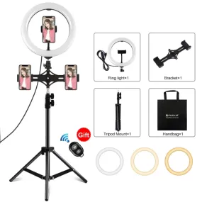 PULUZ 10.2 inch 26cm Light   1.1m Tripod Mount   Dual Phone Brackets USB 3 Modes Dimmable Dual Color Temperature LED Curved Diffuse Light Ring Vlogging Selfie Photography Video Lights with Phone Clamp & Selfie Remote Control
