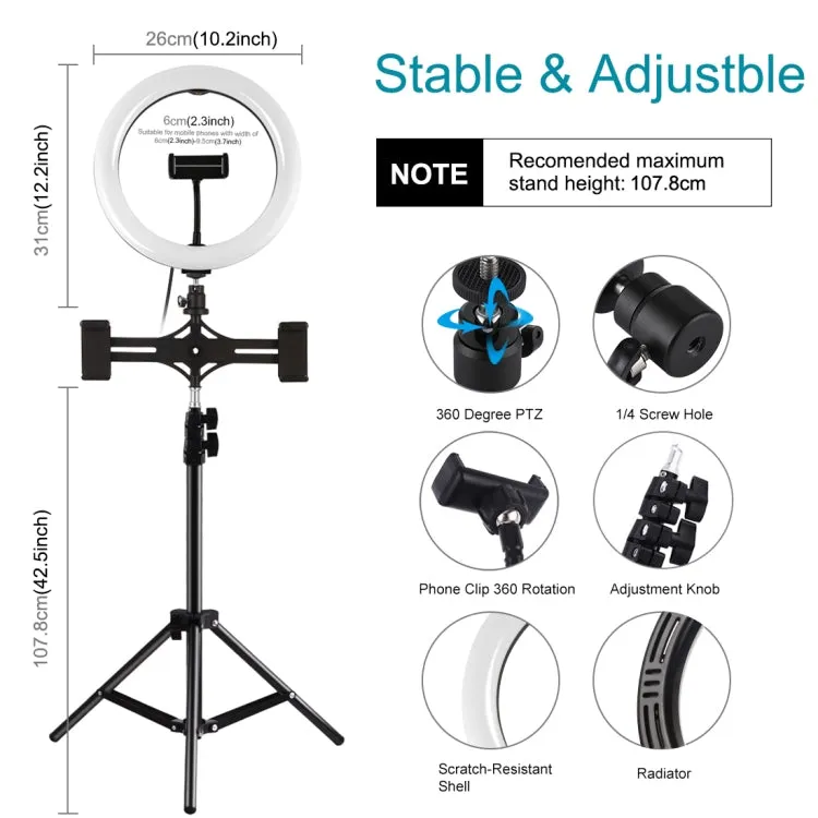 PULUZ 10.2 inch 26cm Light   1.1m Tripod Mount   Dual Phone Brackets USB 3 Modes Dimmable Dual Color Temperature LED Curved Diffuse Light Ring Vlogging Selfie Photography Video Lights with Phone Clamp & Selfie Remote Control