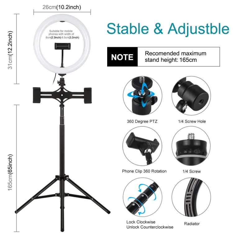 PULUZ 1.65m Tripod Mount   Dual Phone Brackets   10.2 inch 26cm Curved Surface USB 3 Modes Dimmable Dual Color Temperature Ring Selfie Vlogging Video Light Live Broadcast Kits with Phone Clamp & Selfie Remote Control