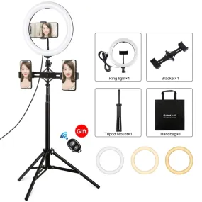 PULUZ 1.65m Tripod Mount   Dual Phone Brackets   10.2 inch 26cm Curved Surface USB 3 Modes Dimmable Dual Color Temperature Ring Selfie Vlogging Video Light Live Broadcast Kits with Phone Clamp & Selfie Remote Control