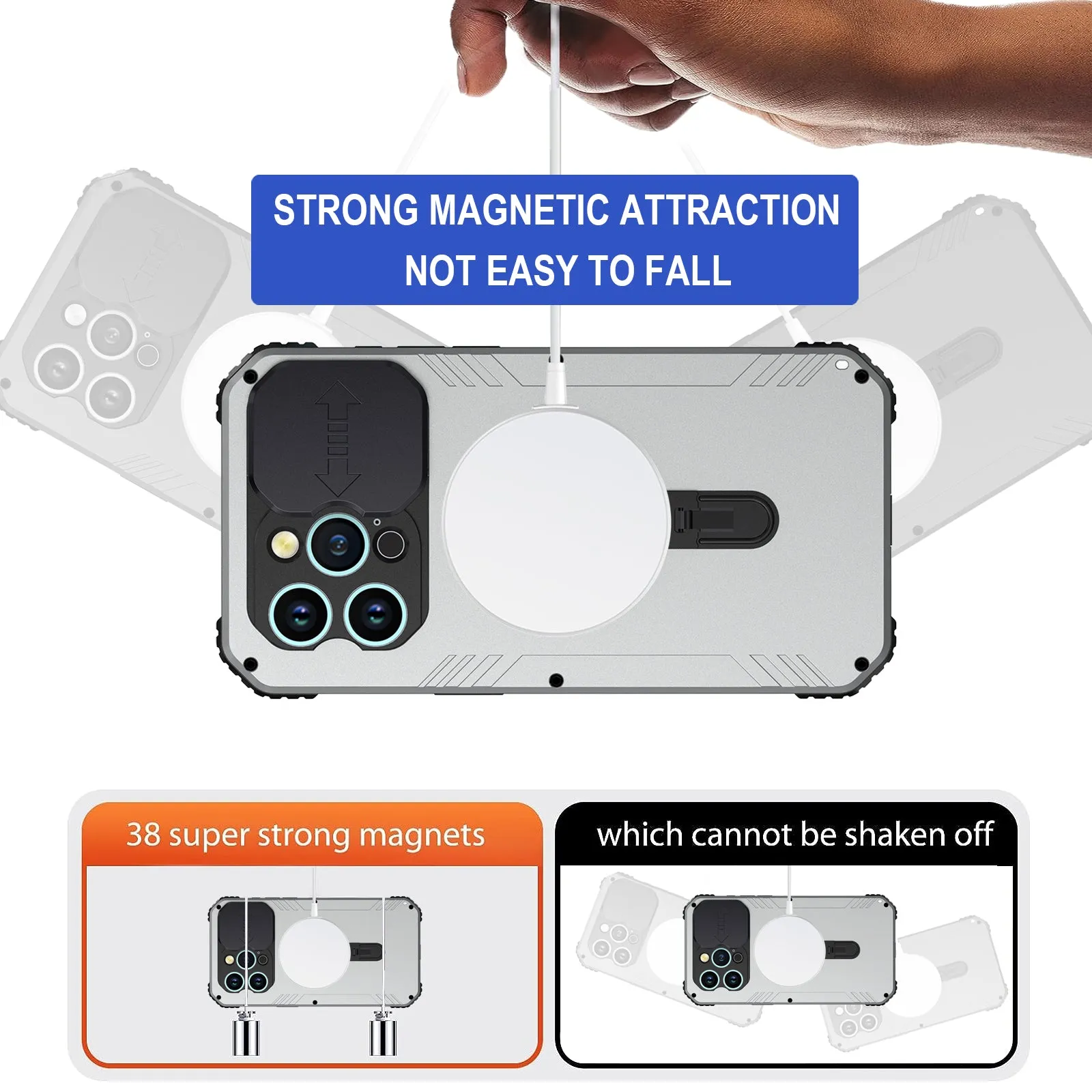 R-Just MagSafe Lens Protector Kickstand Military Heavy Duty Metal Case