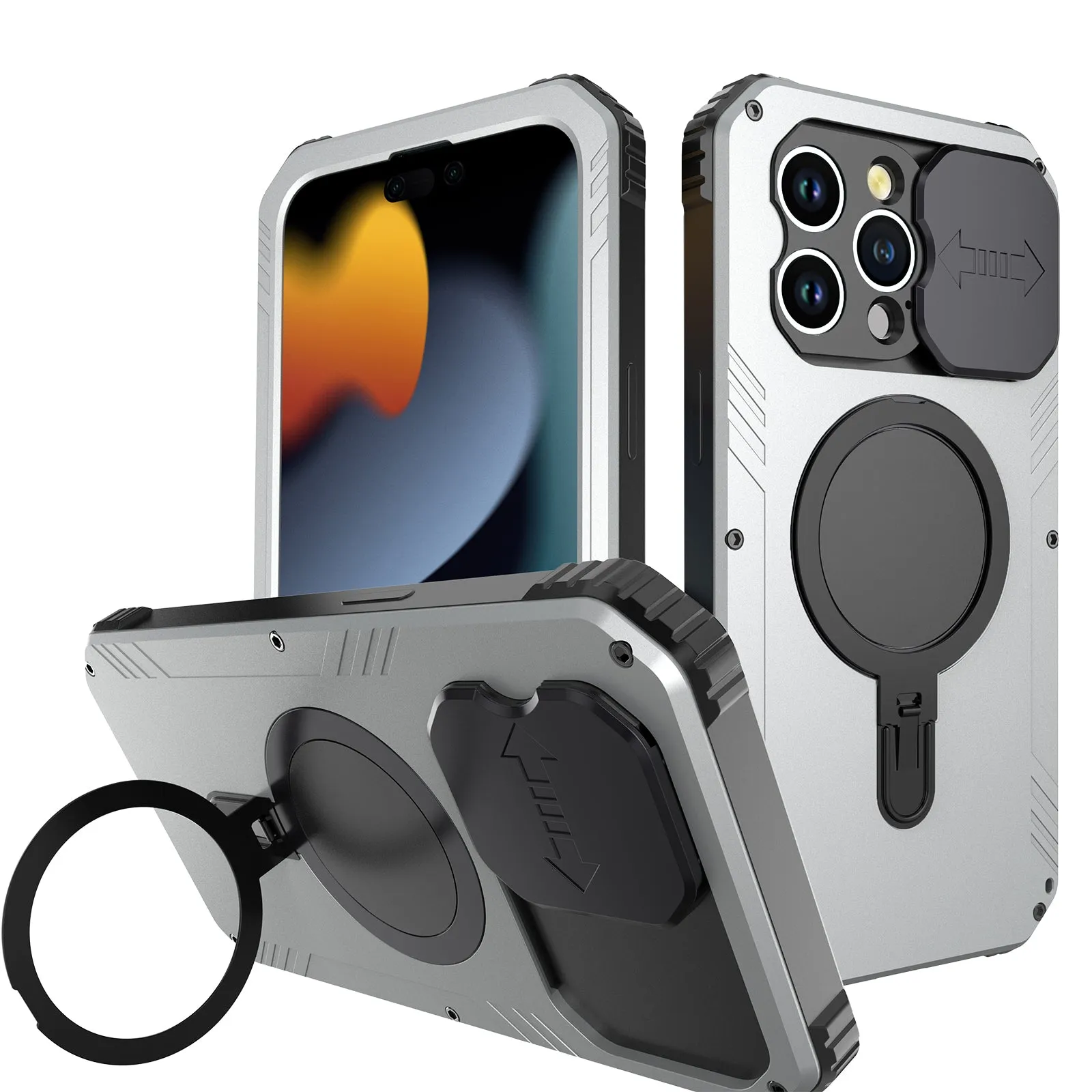 R-Just MagSafe Lens Protector Kickstand Military Heavy Duty Metal Case