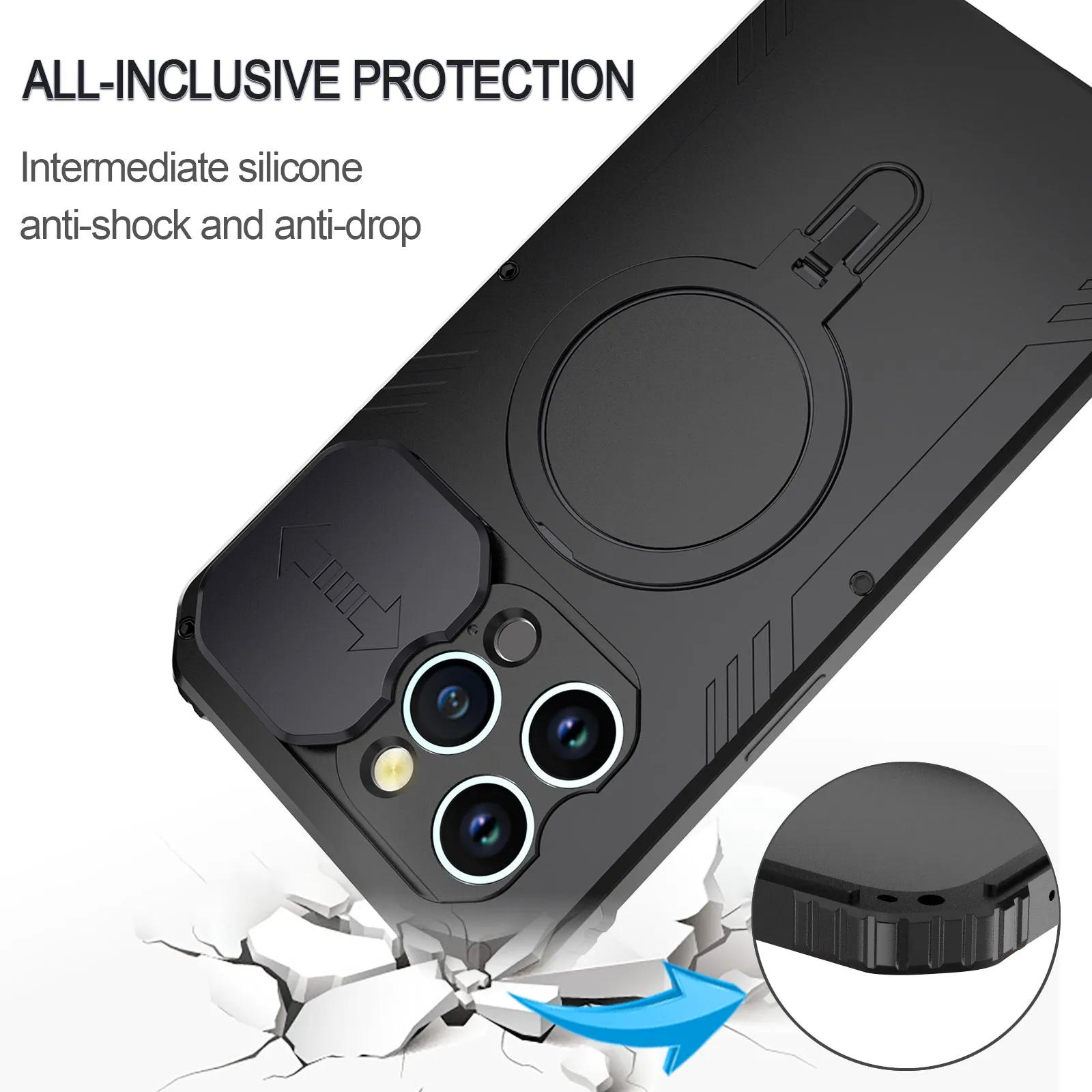 R-Just MagSafe Lens Protector Kickstand Military Heavy Duty Metal Case