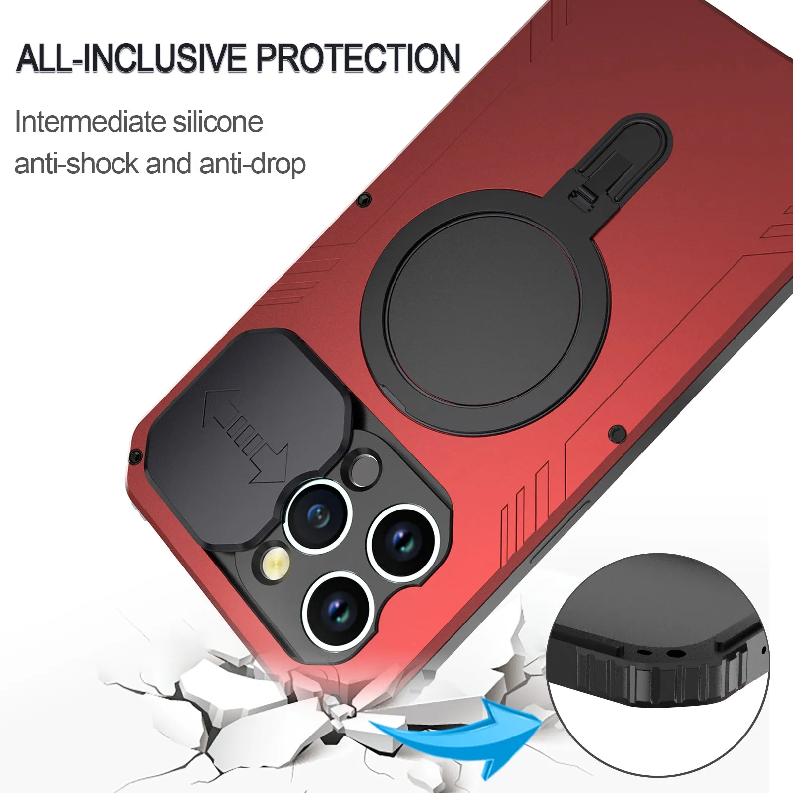 R-Just MagSafe Lens Protector Kickstand Military Heavy Duty Metal Case