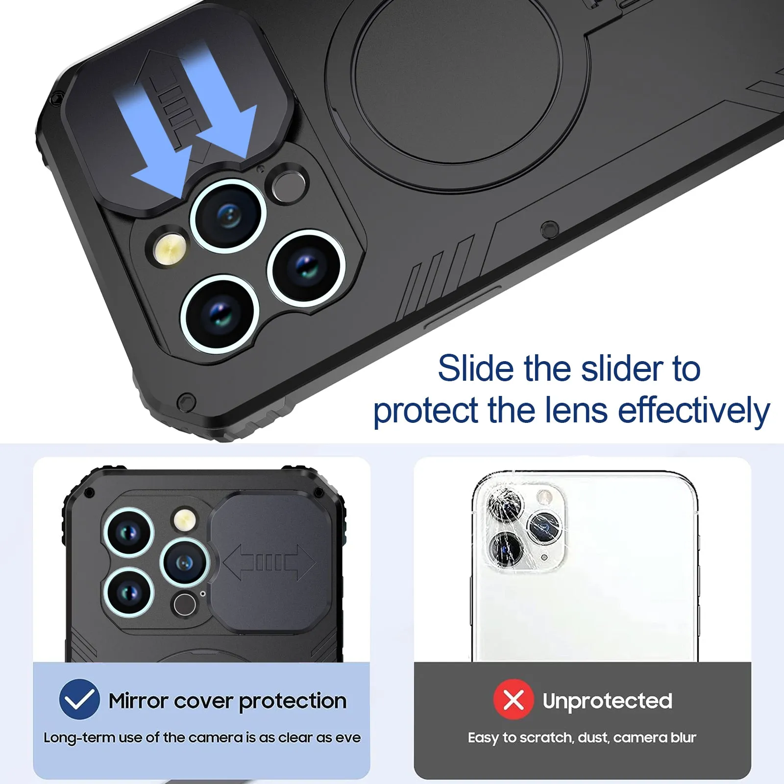 R-Just MagSafe Lens Protector Kickstand Military Heavy Duty Metal Case