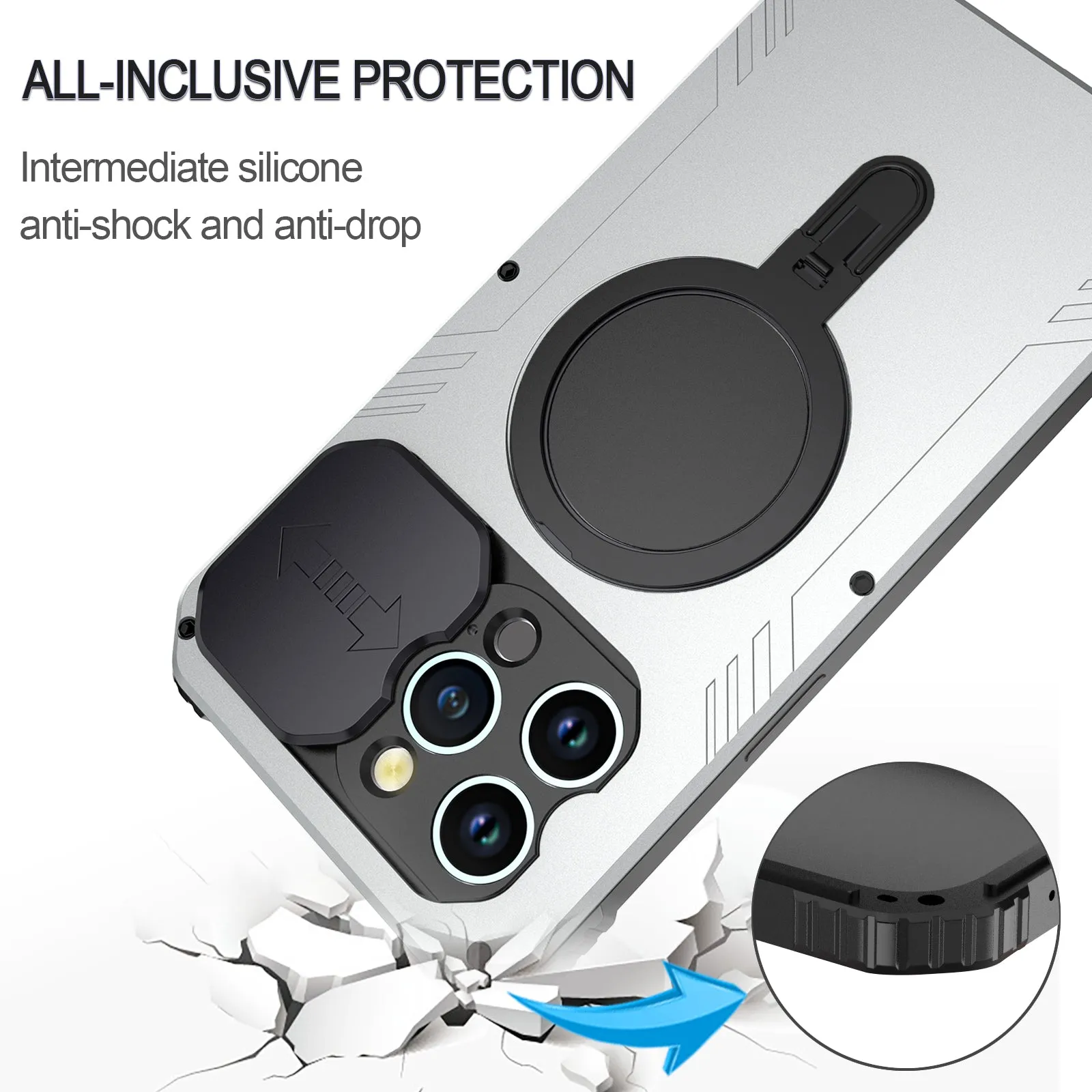 R-Just MagSafe Lens Protector Kickstand Military Heavy Duty Metal Case