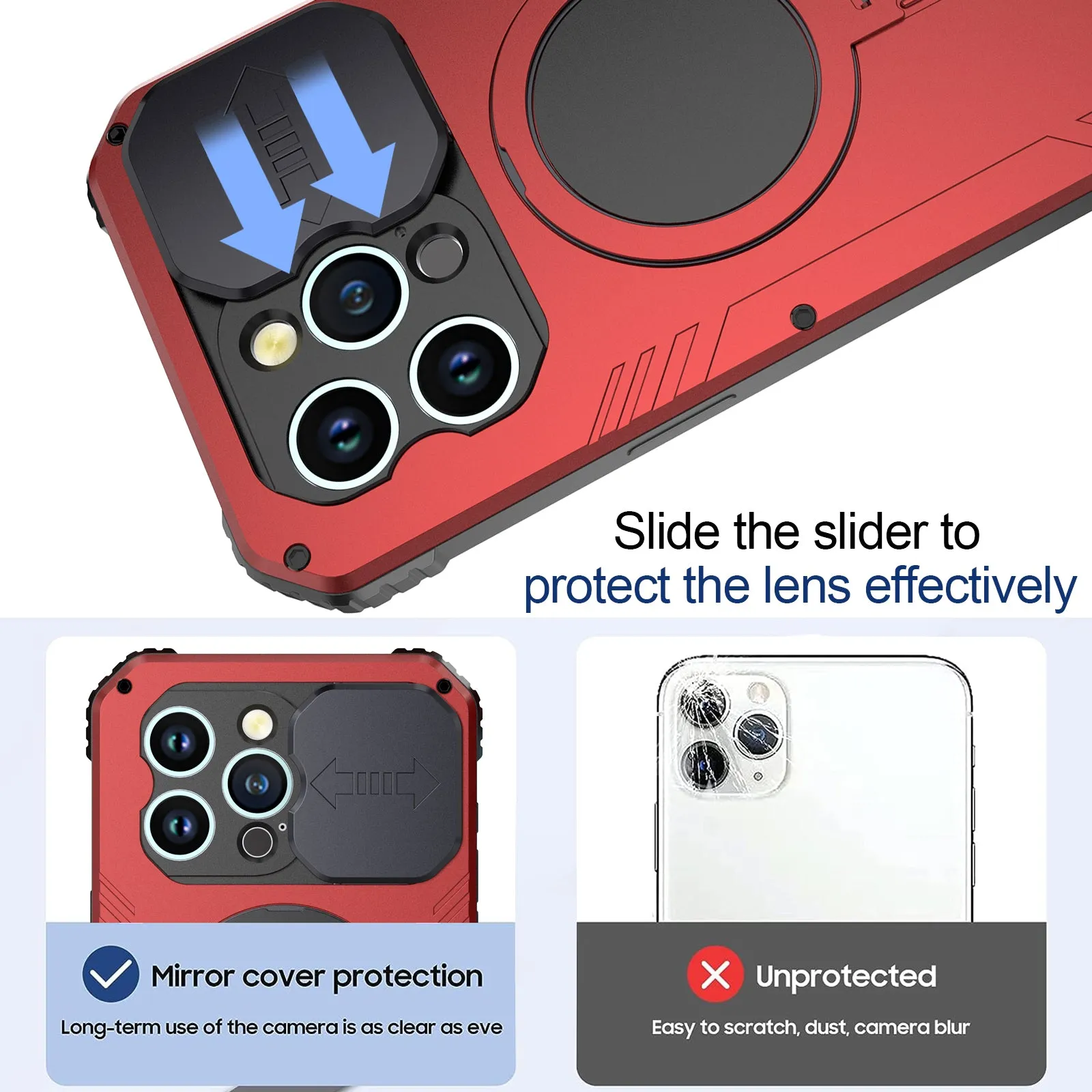 R-Just MagSafe Lens Protector Kickstand Military Heavy Duty Metal Case