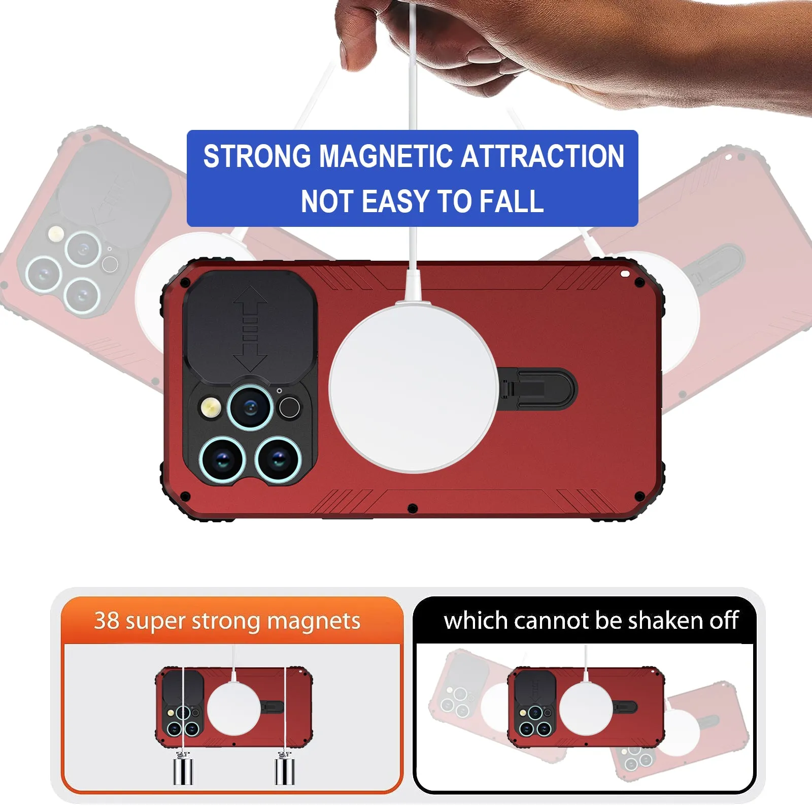 R-Just MagSafe Lens Protector Kickstand Military Heavy Duty Metal Case