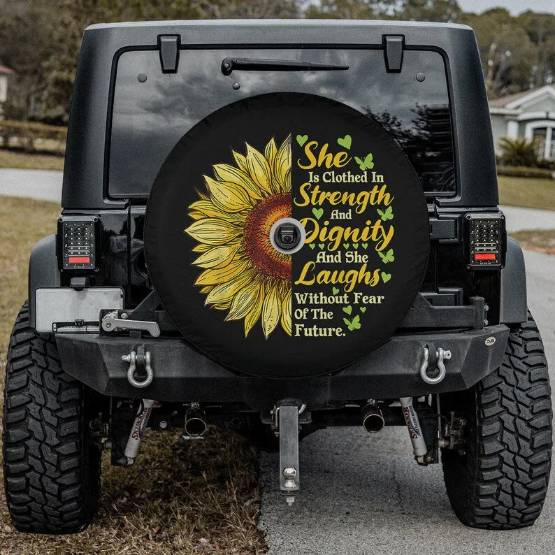 She Is Clothed Strength Dignity Laughs Bible Verse Sunflower Spare Tire Cover - Bible Verse Tire Cover