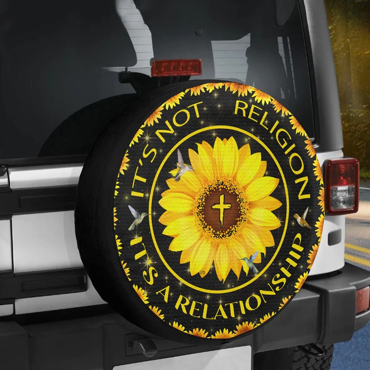 Sunflower Jesus It's A Relationship Wheel Cover - Hummingbird Spare Tire Cover