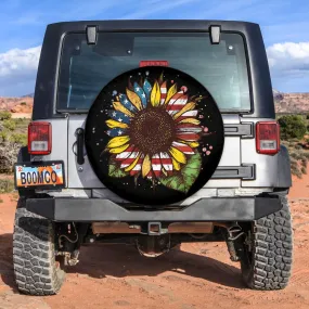 Sunflower Tire Cover, Peace Sunflower American Flag Spare Tire Cover