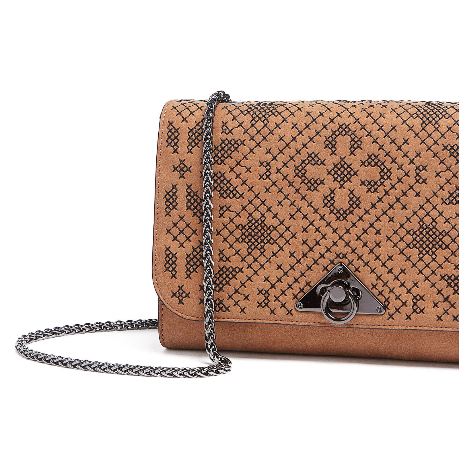 Tosca Blu Tan Medium Needleword Embroidery Flap Shoulder Bag