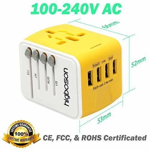 Universal Travel Adapter, High Speed Charging Ports Worldwide AC Wall Outlet.